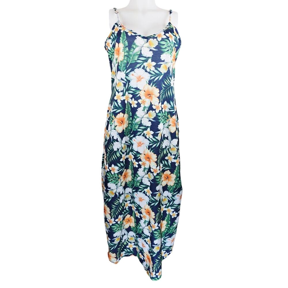 Huskary Hawiian Floral Pockets Side Slit Confortable Vacation Women's Dress L